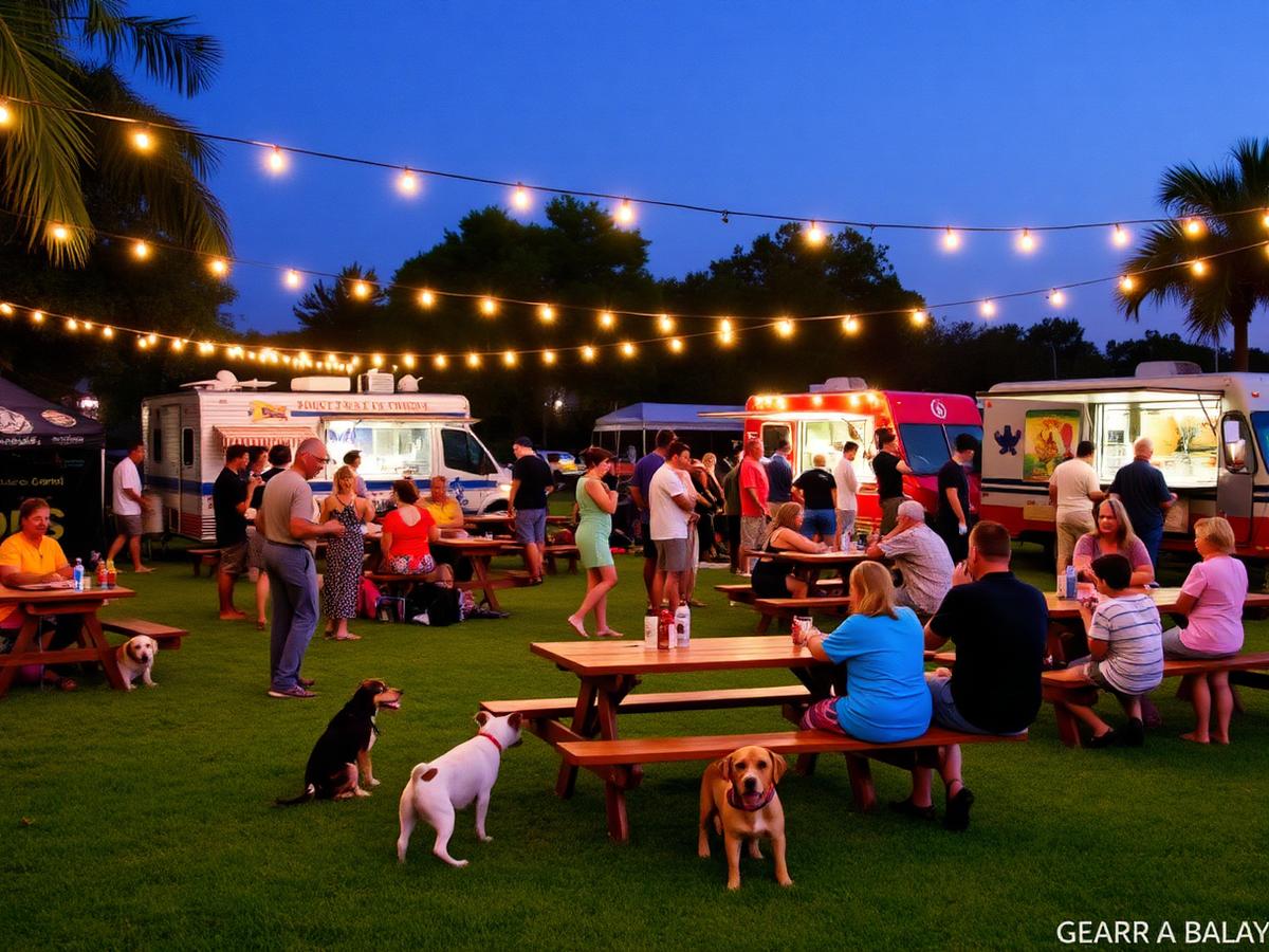 Neighbors eating at picnic tables under string lights at a community food truck night