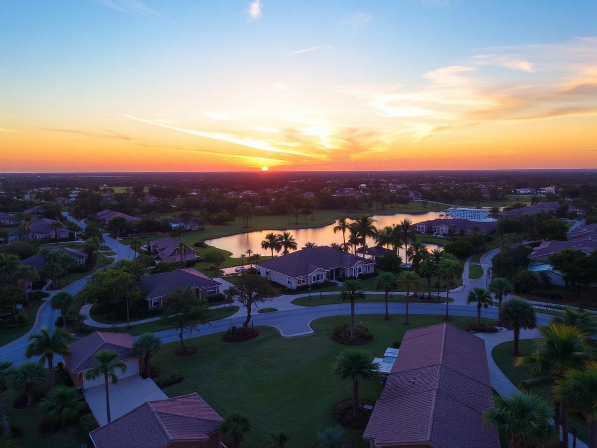 Southwest Florida residential neighborhood at sunset with palms and a lake