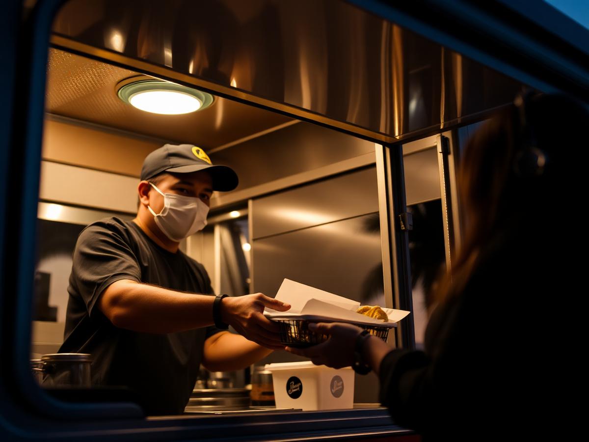 A cook handing food out of a food truck serving window at dusk